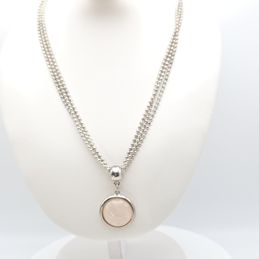 Vtg EARTHLY TREASURES Necklace Rose Quartz Pendant Triple-Strand Ball Chain 17"